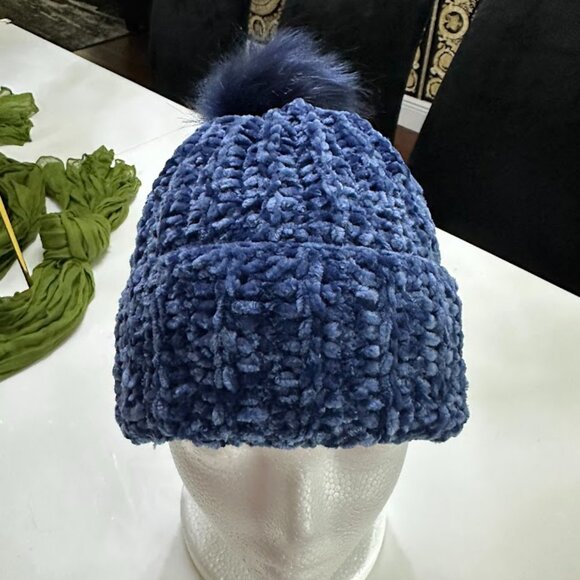 Handmade Blue Velvet Knit Beanie with Pom Pom Soft Winter Hat